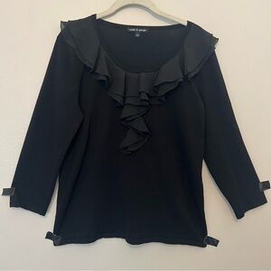 Cable & Gauge Black V-Neck Sweater Whimsigoth Ruffle Large 3/4 sleeves